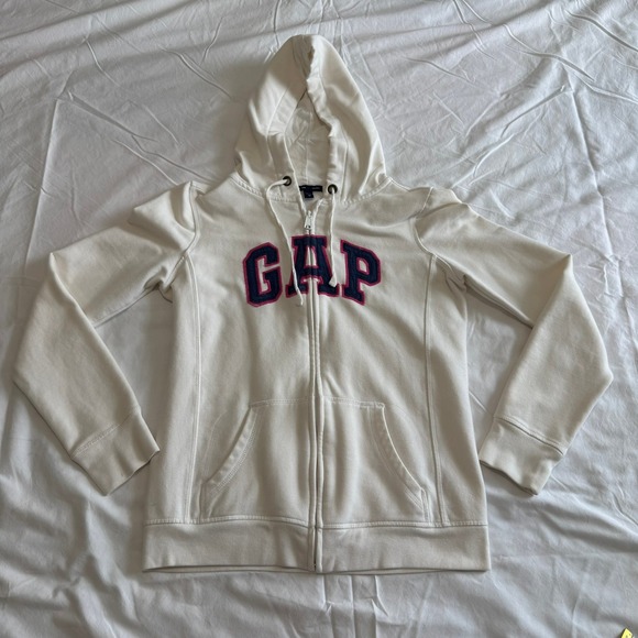 GAP Tops - Gap Vintage Y2K Arch Logo Zip Up Hoodie XS Cream Pink Blue Fleece Sweatshirt